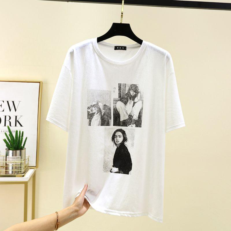 Korean Style Print T-shirt Women Summer round Neck Versatile Short sleeve Top Outer Wear Slimming Cotton Base Quick-Drying Sweatshirts
