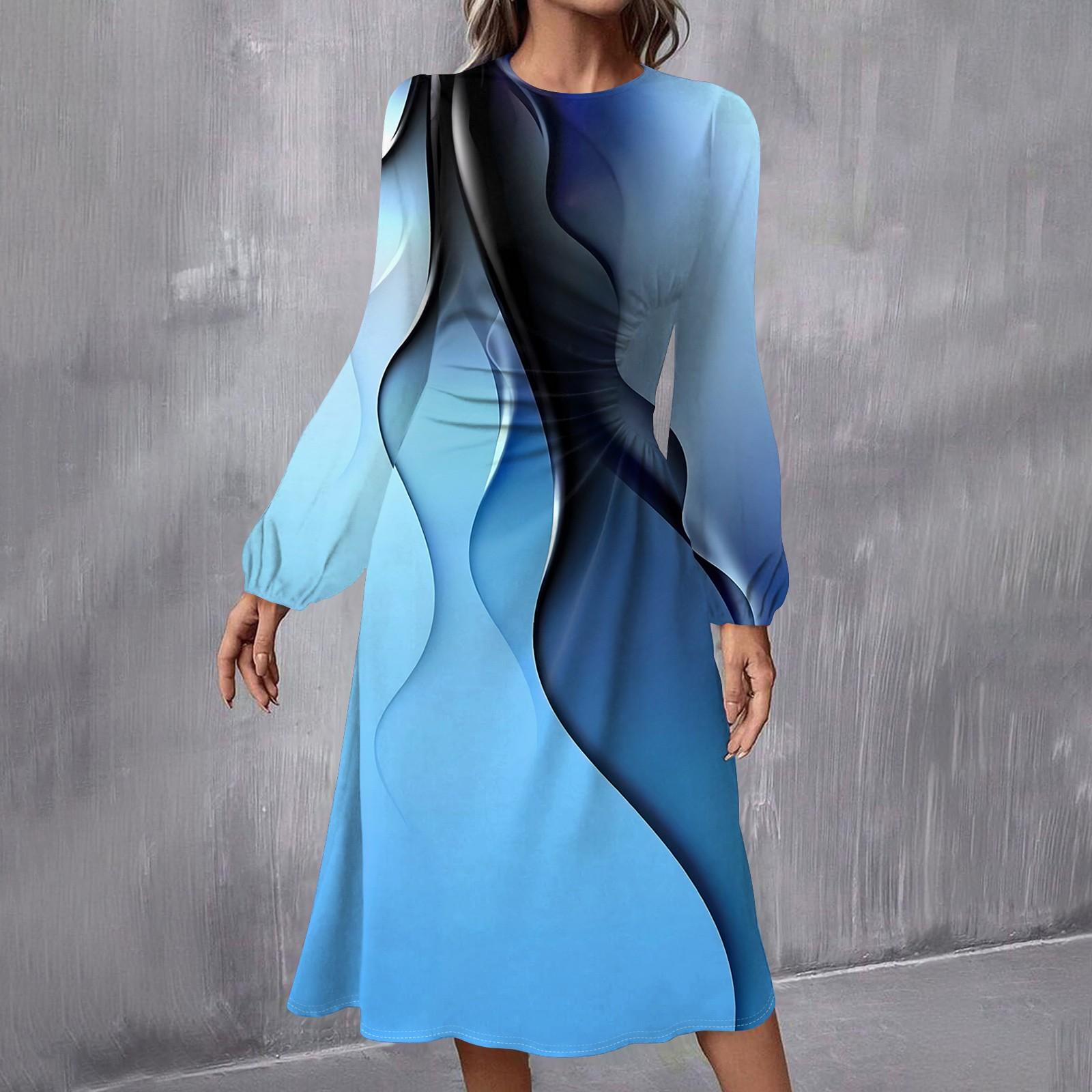 

Женское модное повседневное платье миди с круглым вырезом и длинными рукавами XL синий