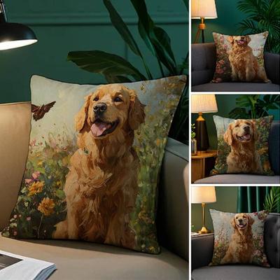 Mignon Chien Golden Retriever Taie d'Oreiller Tissu Peluche Douce Taie d'Oreiller Impression Double Face Housse de Coussin de Canapé Jeté