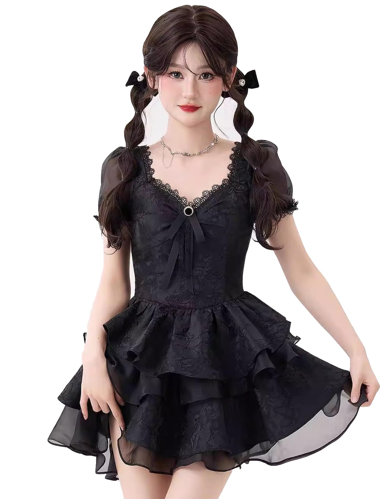 

Платье Qichenk Gothic Cosplay Lolita, Милое, Массовое производство, Женское, Мини, Бант, Стильное, Лента, Кружево, Рюши, С открытыми плечами, Черное, Размер 03, M