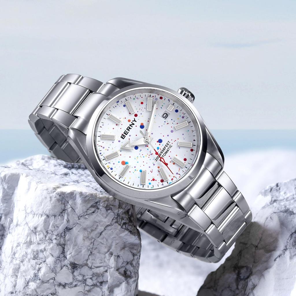 BERNY Automatikuhr für 200M Wasserdicht Superleuchtend Mechanisch Vollständig Edelstahl Analog Saphir Kalender Inklusive Herren, Herrenuhr, Silber, Uhr,