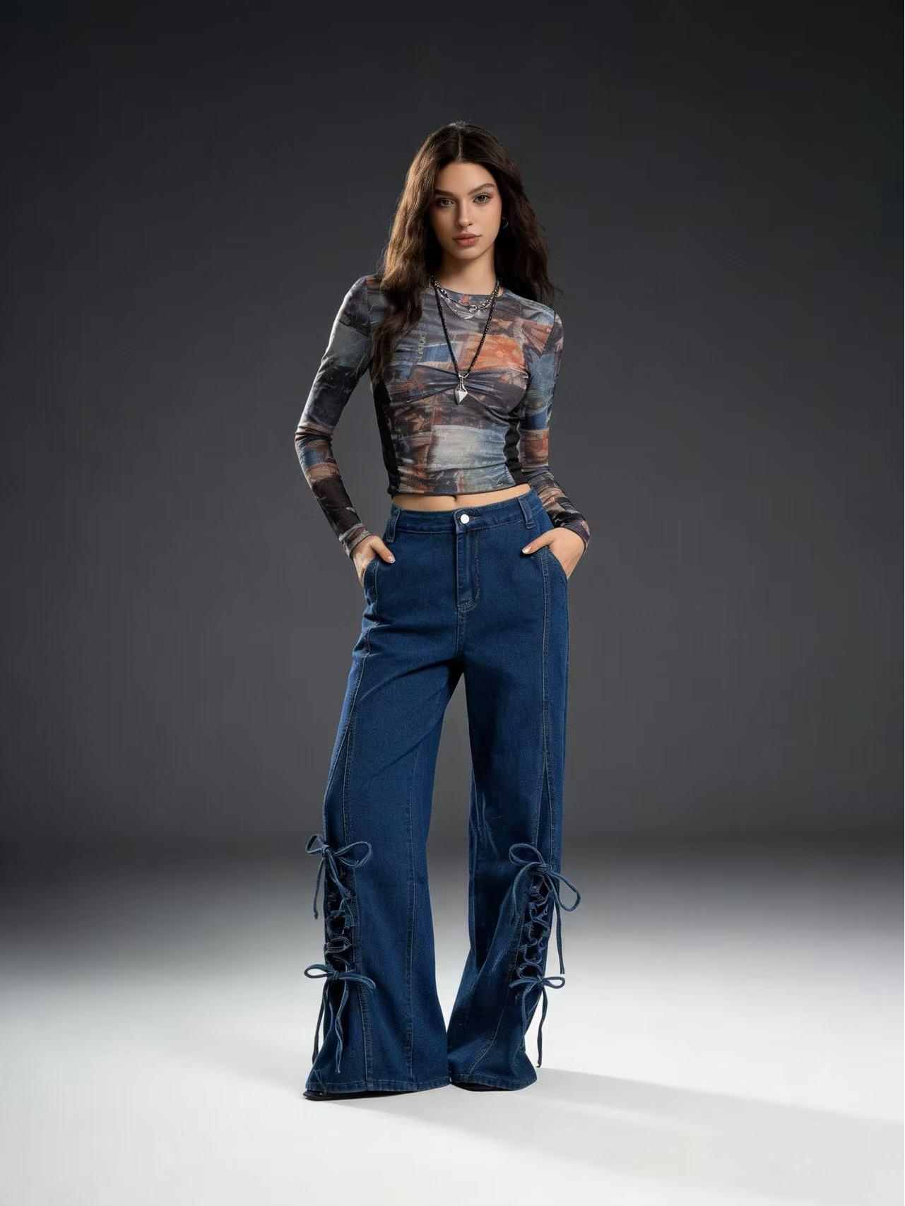 European & American Retro Lace-Up Wide-Leg Women s Jeans M темно-синий