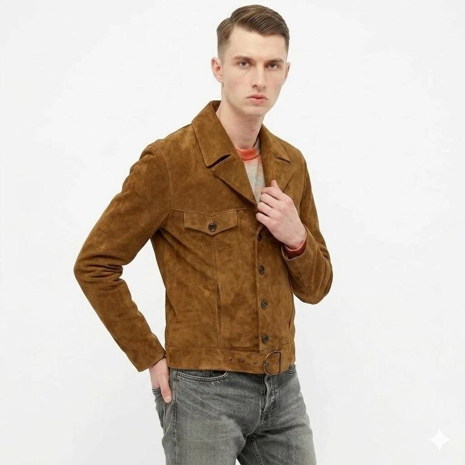 Giacca Tan Marrone Scamosciata Morbida Pelle di Agnello Vestibilità Giacca Moto Uomo Stile Biker
