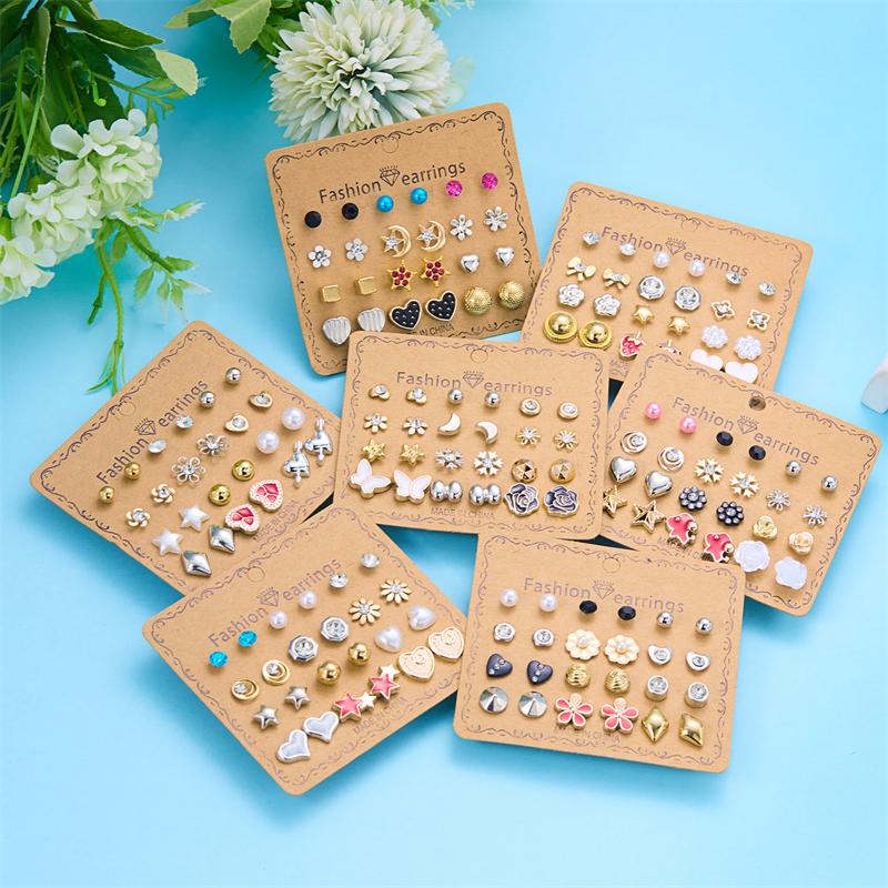 12 Pairs Combination Stud Earrings For Women Girl Moon Star Flower Pearl Zircon Heart Mini Earring Party Personality Jewelry