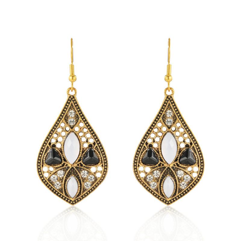 Vintage Ethnic Antique Gold Color Water Drop Earrings for Women Boho Simple Hollow Rhinestone Dangle Earrings Wedding Jewelry