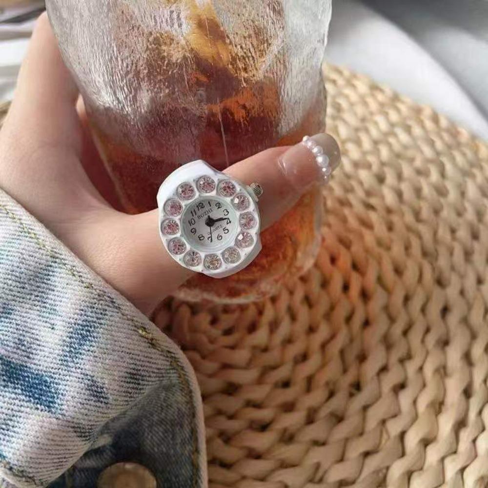 Ring Watch, Quartz Watch, Metal Watch, Rhinestone, Elastic Strap.