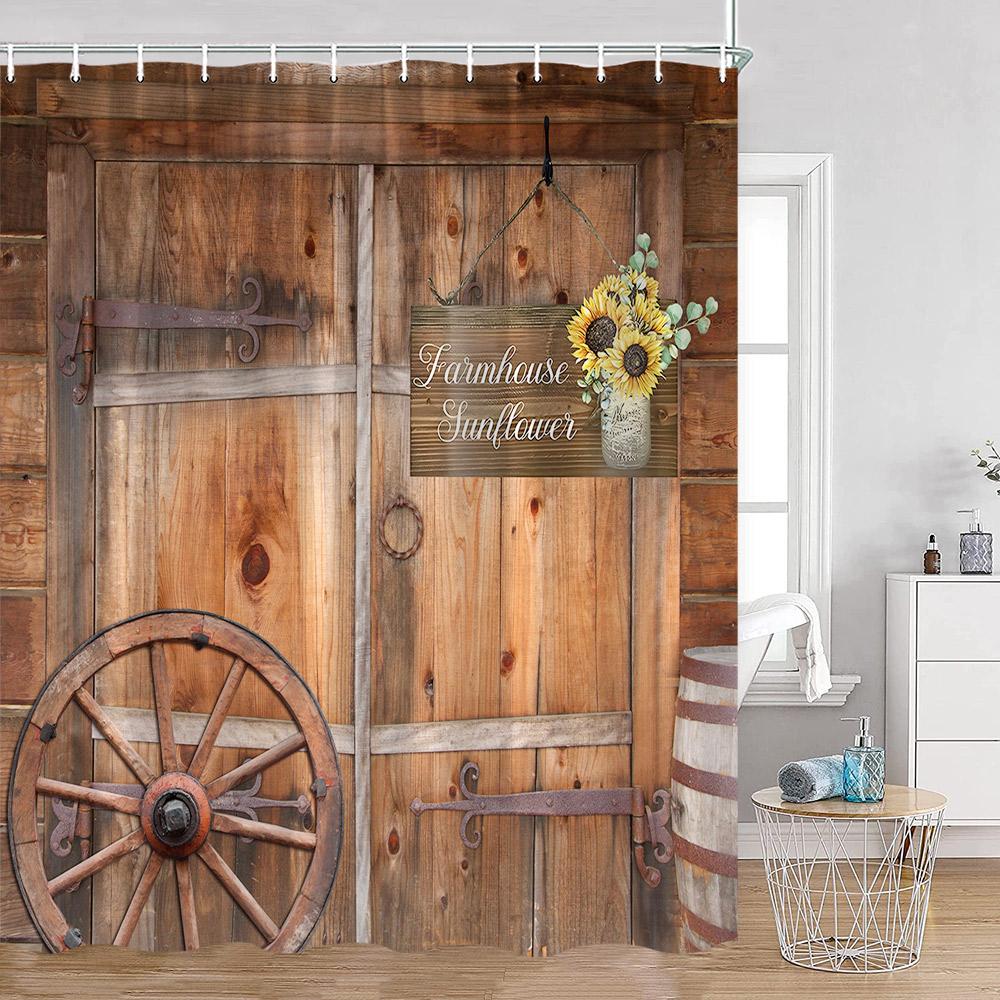 Rustic Barn Door Shower Curtains Grey White Brown Wooden Board Vintage Farmhouse Decorative Polyester Fabric Bathroom Curtains