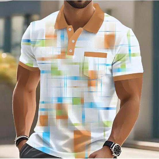 Men's Color-Block Geometric Pattern Short-Sleeve Polo Shirt Casual