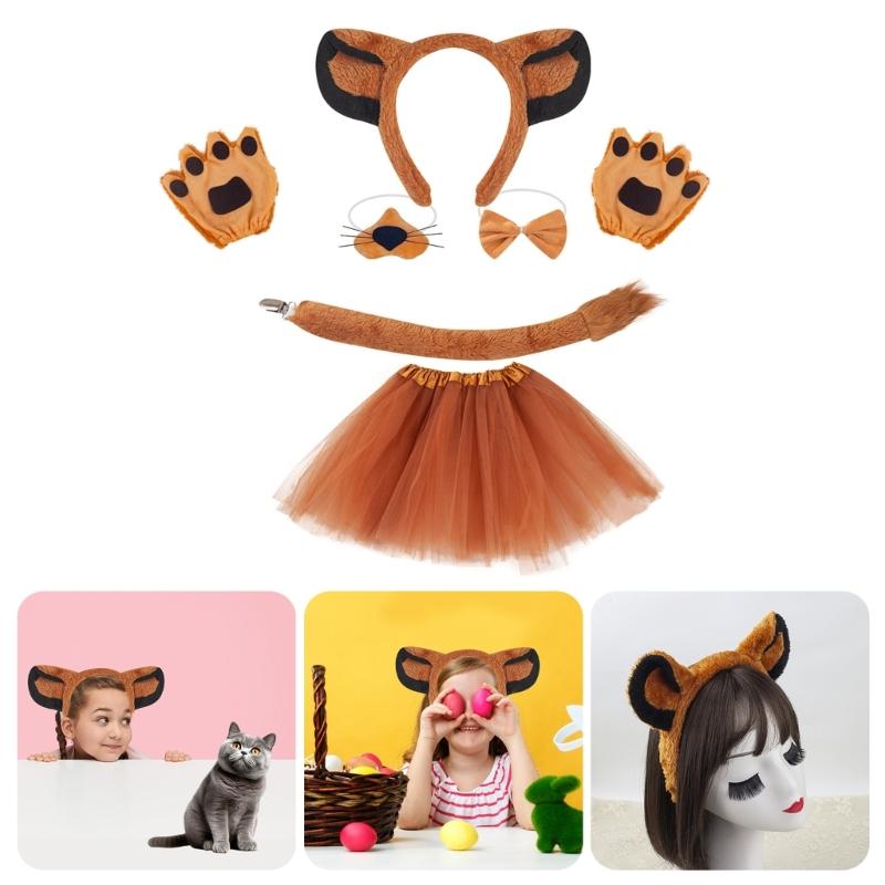 Kid Lion Tail with Lion Ear Headband Nose Gloves Skirt Bowtie Halloween Animal Costume Accessories for Boy Girl Cosplay