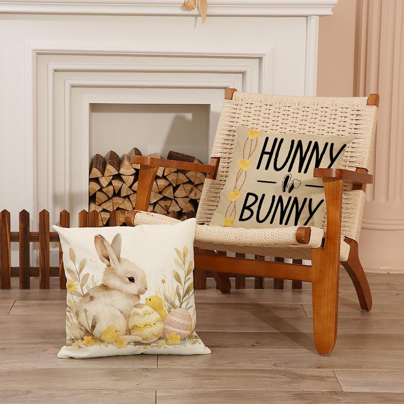 Easter Pillow Case Happy Egg Bunny Cushion Linen Print Holiday Decoration Sofa Cushion