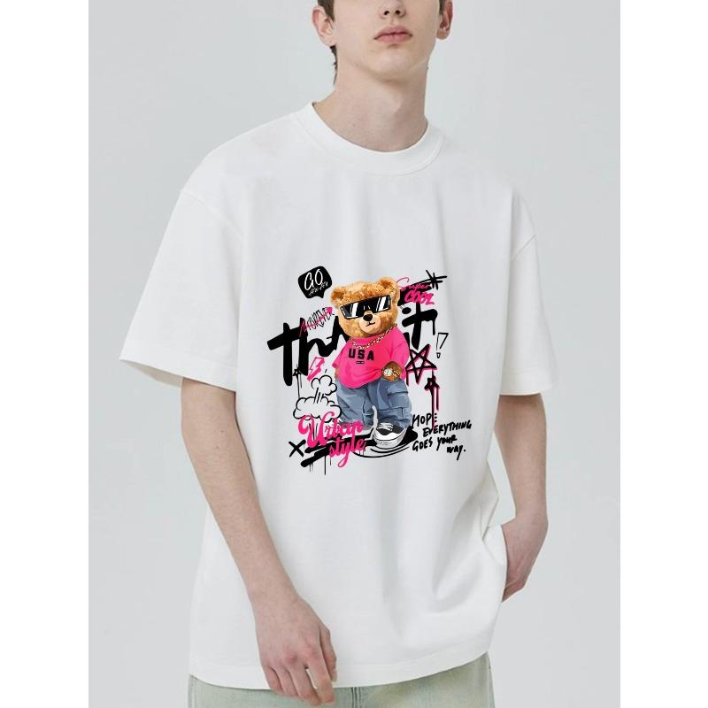 Black T Shirt with Bear Graphic and Pink Text Print for Casual Wear