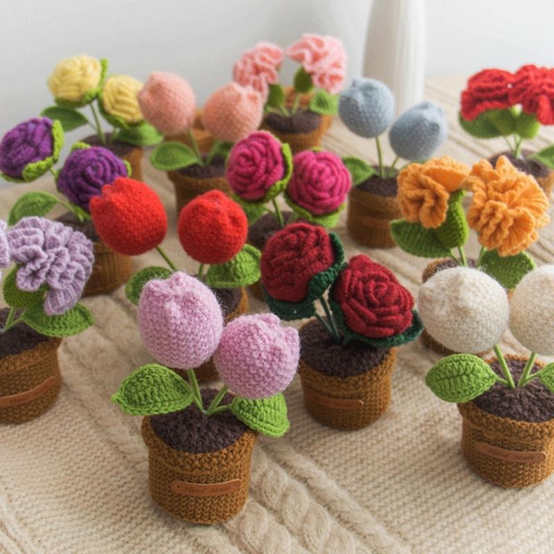 Cute Crochet Rose Flower Arrangement Small Knitting Potted Plant Ornament Home Office Desktop Decors For Wedding Gift