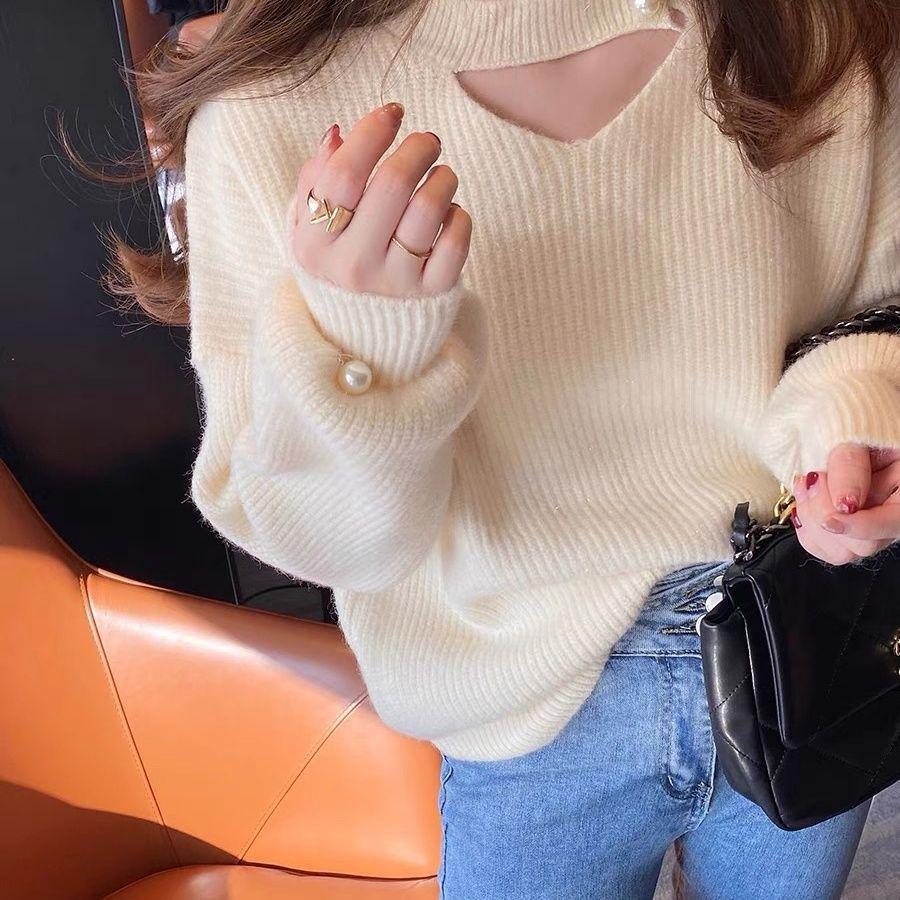 Women's Designer Loose V-Neck Pink Knitted Sweater for Autumn/Winter 2024
