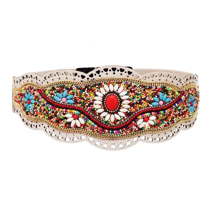 Ethnic Beaded Waist Cincher Stretch Waistband Bohemian Belt Body Girdle Feature Floral Accent for Women's Clothing