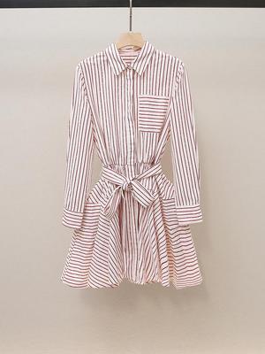 M Family Autumn French Chic Pink Striped Rhinestone Tie-Up Shirt Dress for Women