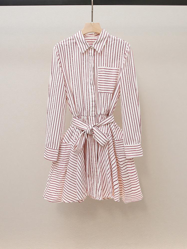 

M Family Autumn French Chic Pink Striped Rhinestone Tie-Up Shirt Dress for Women Medium