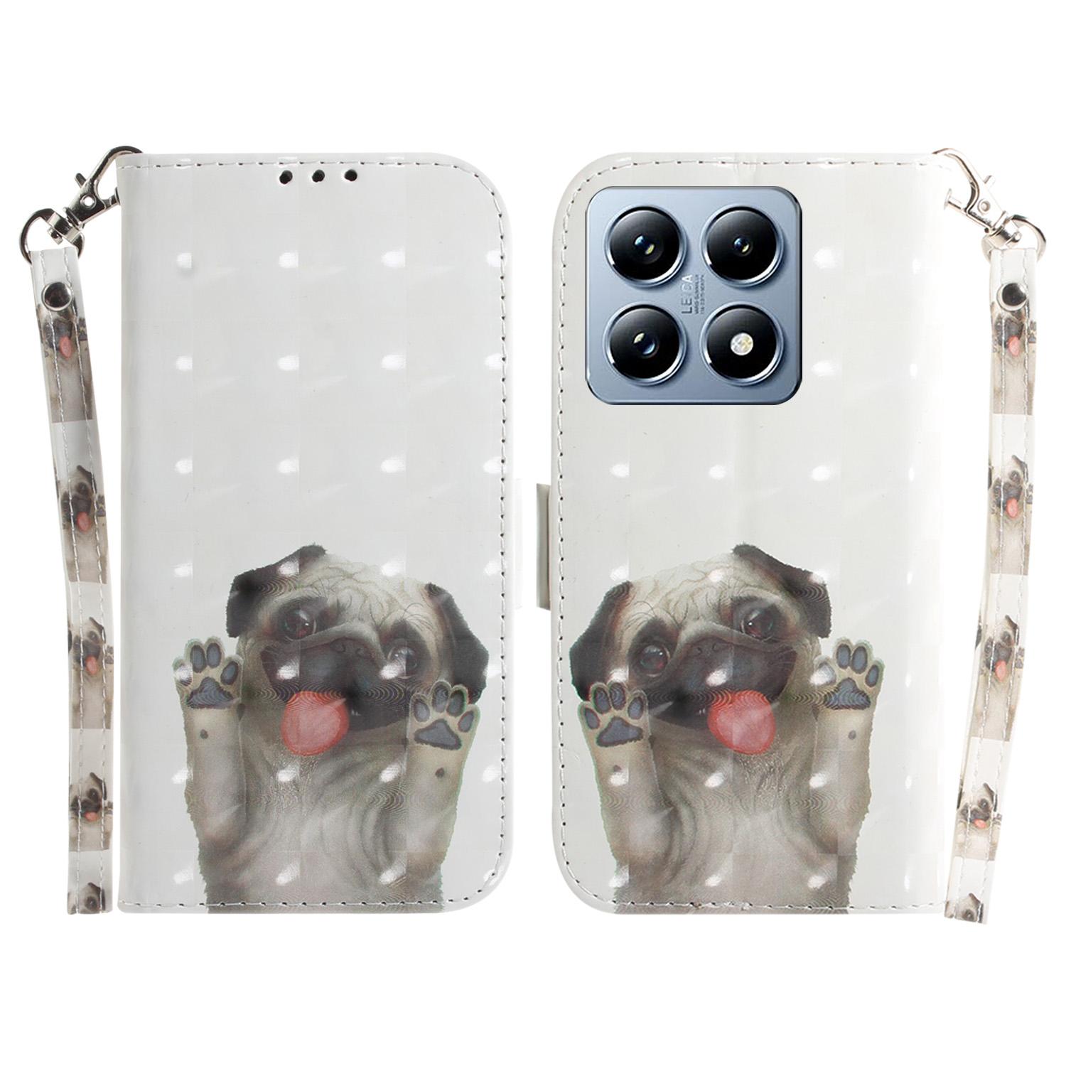 

For Xiaomi 14T Case Pattern Printing Leather Wallet Phone Cover with Wrist Strap Pug