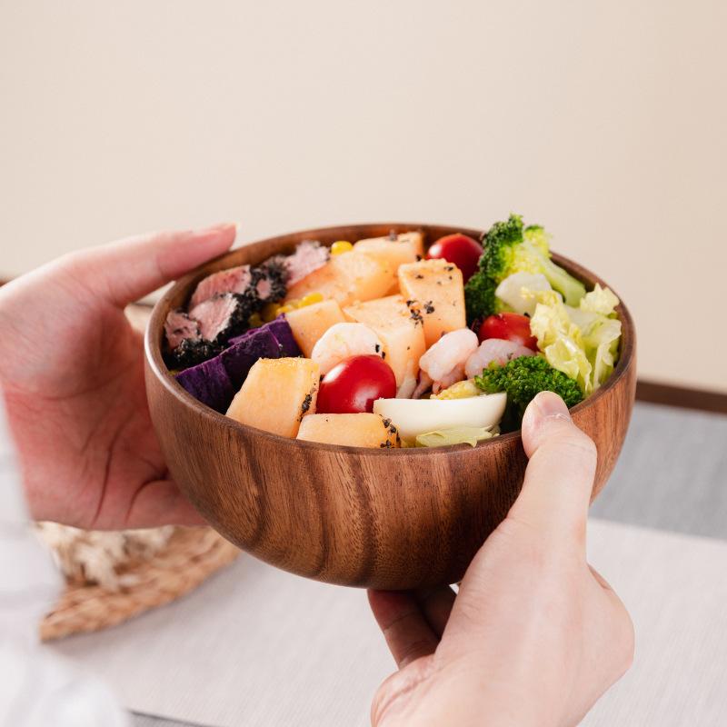 Fine Natural Hand-Made Wooden Salad Bowl Classic Round Acacia Wood Salad Dining Bowl Plates Premium Wood Kitchen Utensils