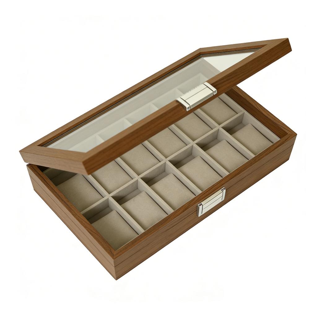 Watch Box Display Case with Glass Lid Dust Proof Watch Holder Organizer for Most Styles Walnut Grain 12 Slot