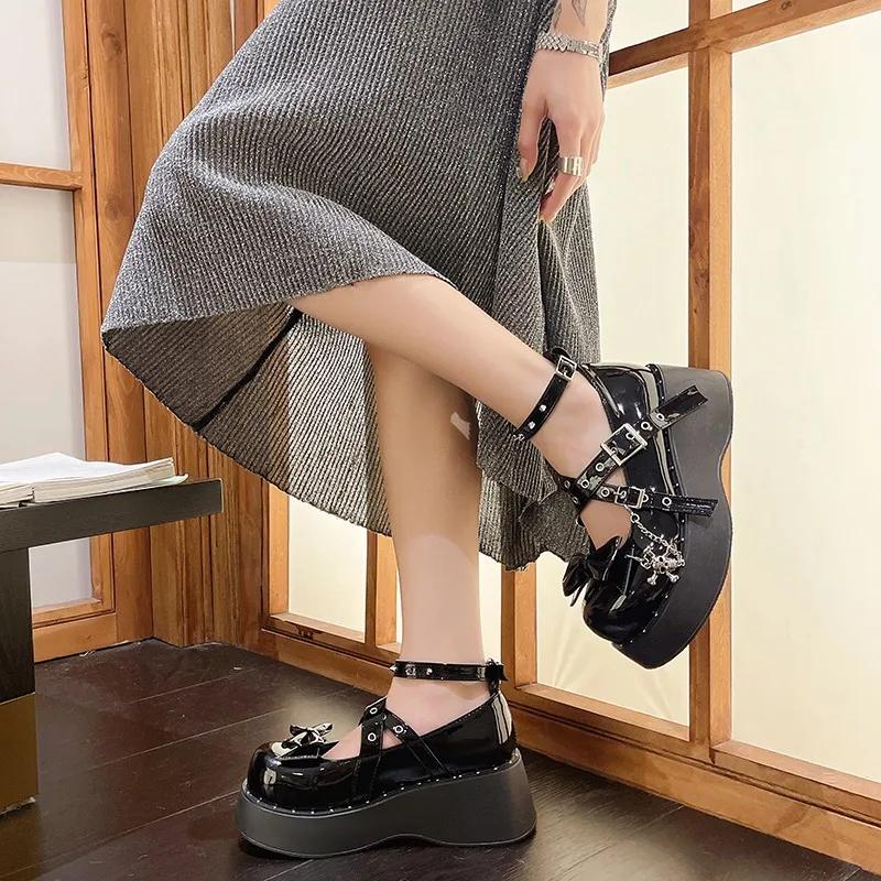 Fashion Punk Goth Chunky Platform Pumps Women 2025 Autumn Bowtie Wedges Mary Jane Lolita Shoes Woman Heart Ankle Buckle Black Shoes