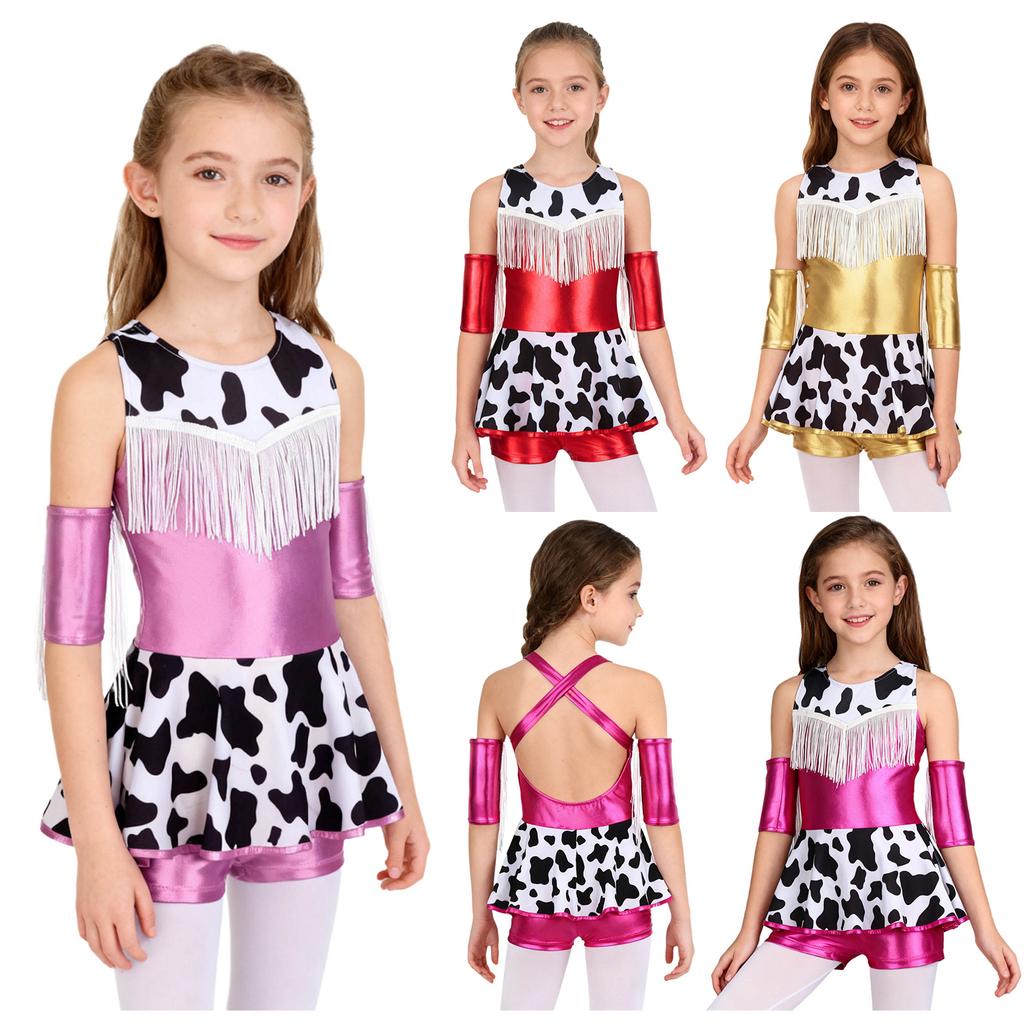 Mädchen Cowgirl Party Kostüm Metallisch Glänzendes Kleid Fransen Design auf der Brust Kreuzförmige Schulterträger Rückenfreies Oberteil mit Shorts