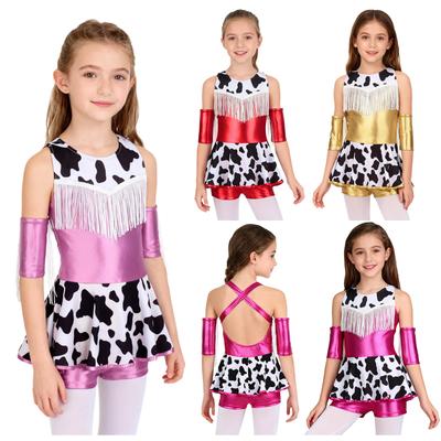 Mädchen Cowgirl Party Kostüm Metallisch Glänzendes Kleid Fransen Design auf der Brust Kreuzförmige Schulterträger Rückenfreies Oberteil mit Shorts