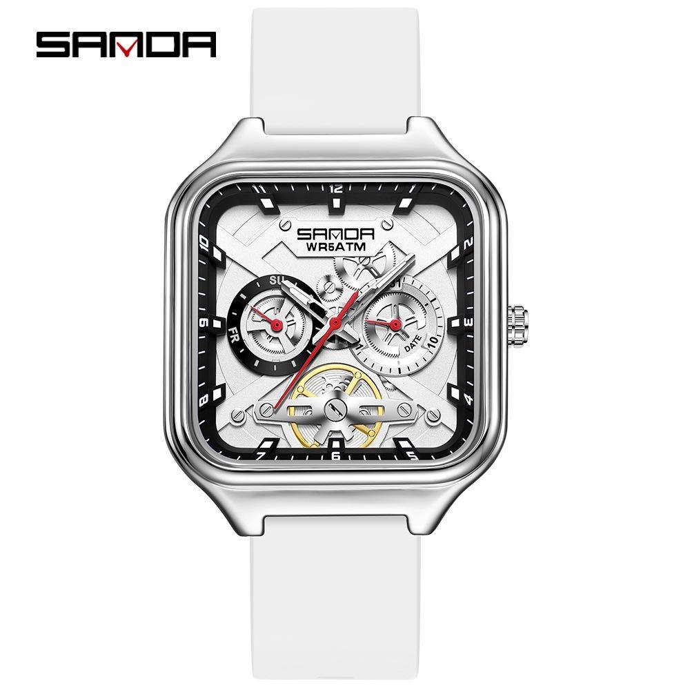 Luxury Men's Quartz Watch Fashion Square Case Week Date Display Waterproof with Silicone/Mesh Band Casual Wristwatch for Men