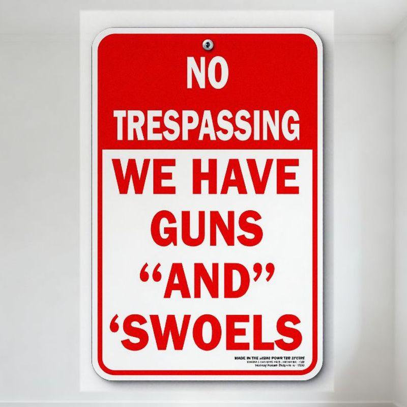 

No Trespassing Sign with Red Background White Borders WE HAVE GUNS Metal Tin Sign Vintage Warning Sign for Home Office Wall De 20x30cm（7.8x11.8inch）