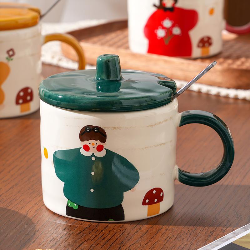 A Family of Cute Ceramic Cups  High Value  Large Capacity  High Temperature Resistance  Mugs Lid Spoon  Water Cups Household Use Set