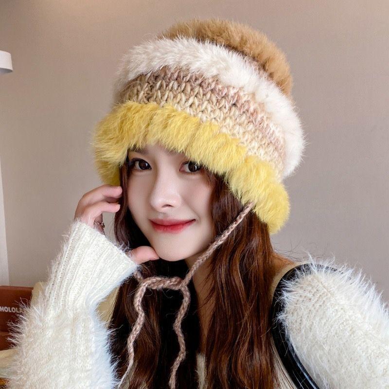 Rabbit Hat Women's Autumn and Winter New Tiger Head Lion Hat Fashion Warm Bucket Hat Fluff Woven Fur Hat