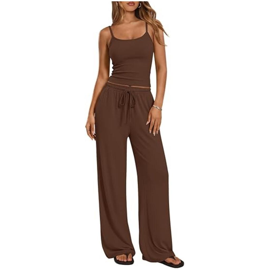 Women's Loose Fit Two-piece Loungewear Set Sleeveless Spaghetti Strap Camisole Drawstring High Waist Wide Leg Pants Matching Tracksuit