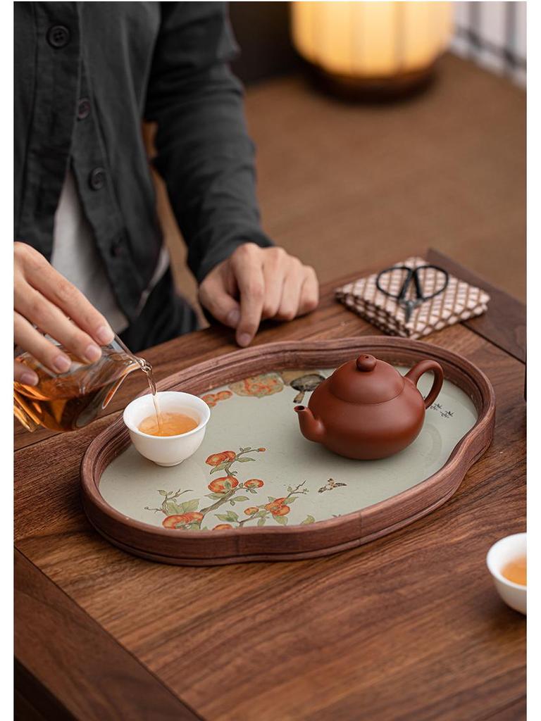 Exquisite Chinese Begonia Tea Serving Tray with Gaiwan Storage and Coaster Plate for Afternoon Tea and Coffee Shops