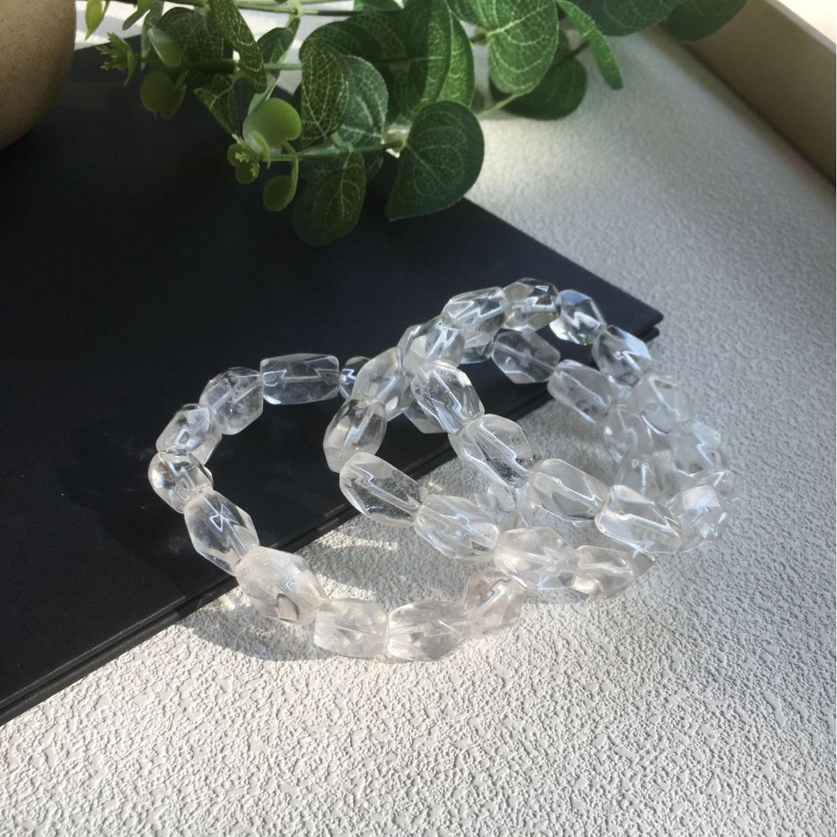 

Natural white crystal freeform barrel bead faceted bracelet Irregular White Crystal Bracelet 15.5-16Wrist size