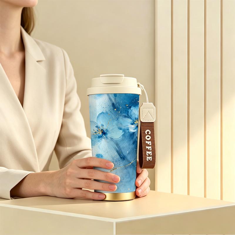 Coffee Mug 532ml Watercolor Flower Motif Leakproof Flip Car Cup Strap Coffee Cup Large Travel Coffee Cup Stainless Steel Coffee Thermos Coffee Mug 532ml