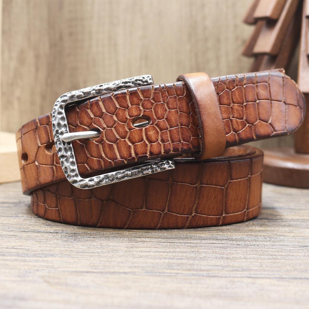 Retro Crocodile Pattern Versatile Pleated Top Layer Belt, Men's Genuine Leather Trendy Pin Buckle Pure Cowhide Middle-aged and Young Belt