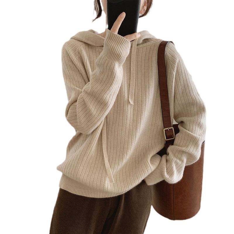 Hooded Pit Strip Pullover Sweater Women's Lazy Casual Soft Waxy and Thin Autumn and Winter New Loose Knitted Sweater