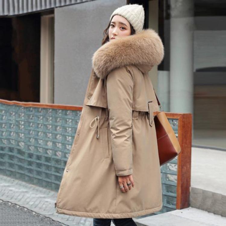 Winter Plus Size Jacket Women Long Sleeve Knee Length Thick Plush Furry Hood Pockets Zipper Button Closure