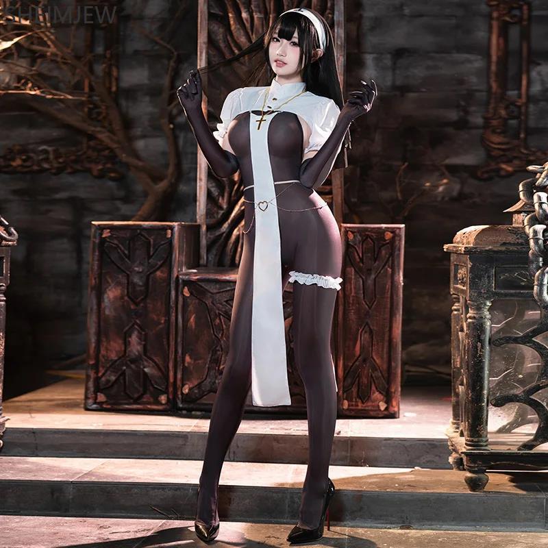 Kobiety Seksowna Zakonnica Cosplay Kostium Halloween Dorosły Przezroczysty Kombinezon Pokojówki Otwarty Krok Z Welonem Karnawał Impreza Klub Nocny Bar Garnitur