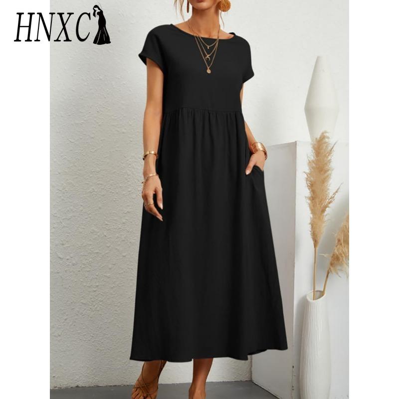 HNXC Kvinnemote Sommer Våren Ensfarget Print Kortermet O-hals Uformelle kjoler