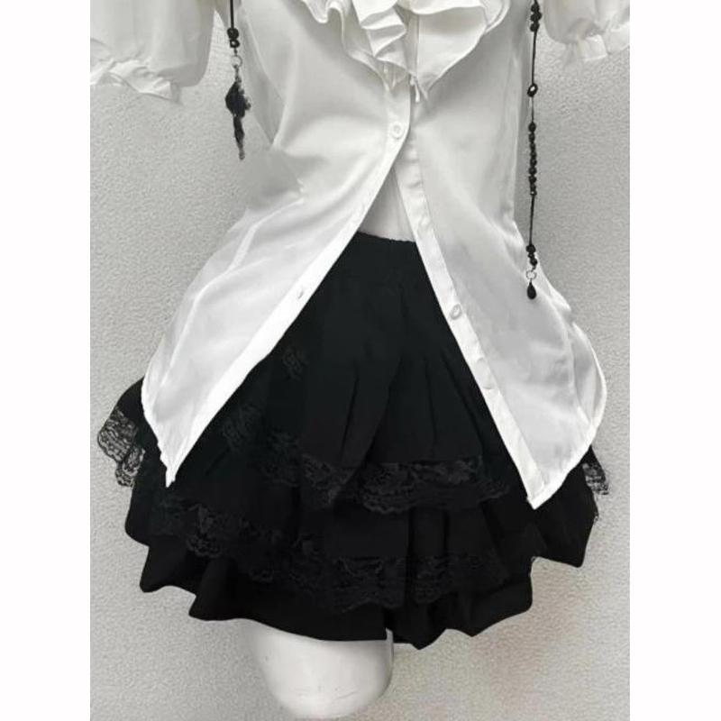 Gothic Retro Chic Outfit Damen Bluse mit Puffärmeln Weste Kurzer Rock Vintage Mode Anzug