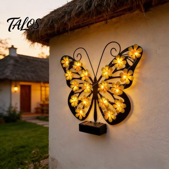 Backyard Butterfly Wall Accents 2Pcs Solar Lights Outdoor Metal Decor, IP65 Waterproof Sculpture Lights, Hanging Art for Garden Fence Patio Porch Yard