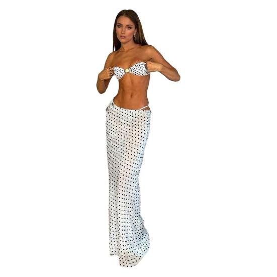 

3Pcs/Set Women Swimsuit Set Chest Pad No Underwire Bandeau Bra Dot Print Swimming Briefs Set with Split Skirt Sexy Woven Beach Bikini S белый