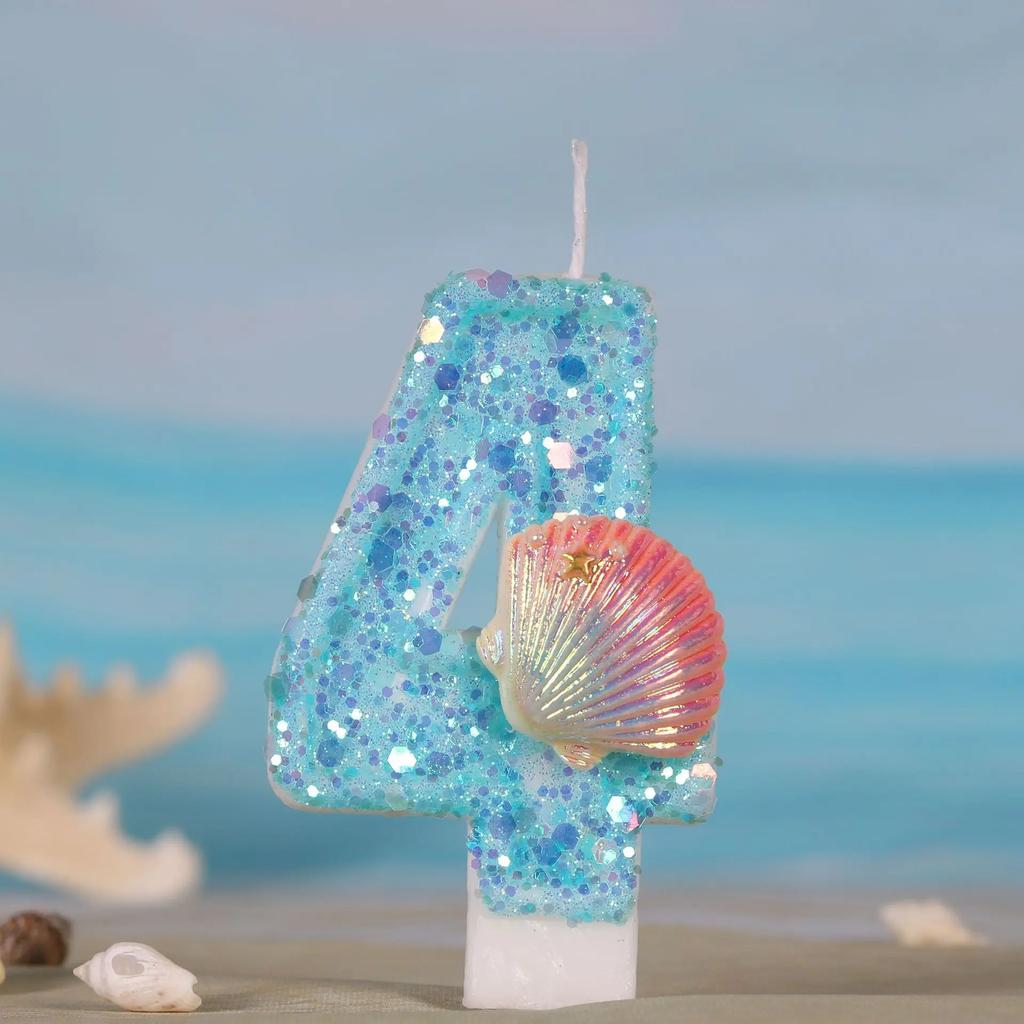 Ocean Mermaid Cake Number Candles 0-9 Blue Cake Topper with Sequins Girls Birthday Party Cake Decoration Supplies Boy Shell Gift