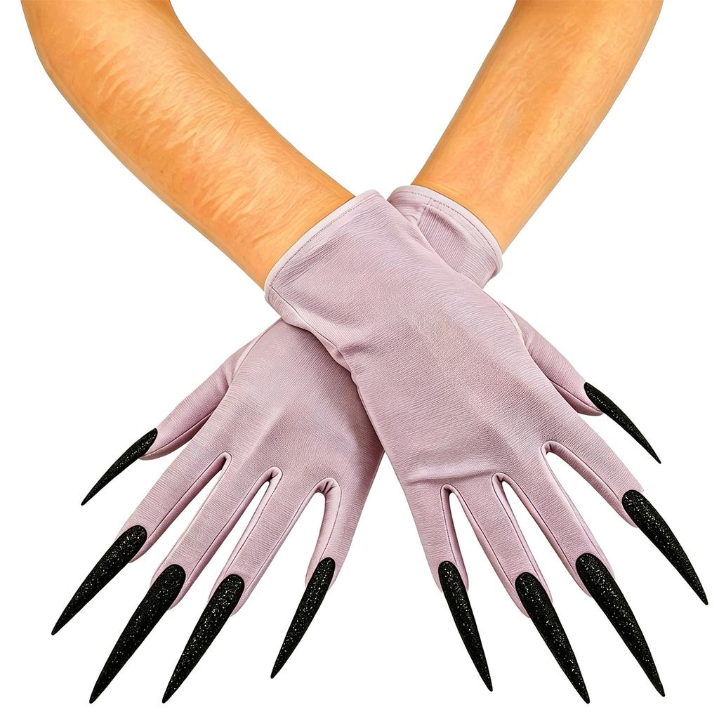 Dark Gloves with Long Nails for Halloween Witch Party, Short Stretch Fit