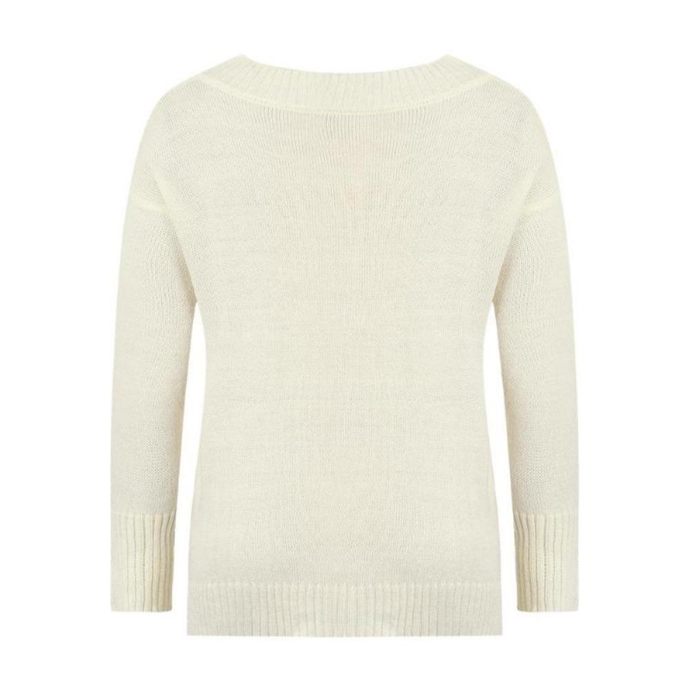 Женский зимний осенний однотонный пуловер с длинным рукавом и v-образным вырезом — фото 12