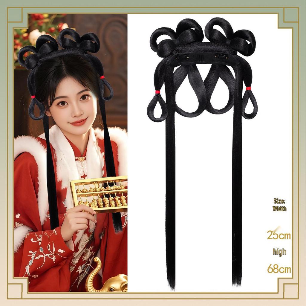 Ancient Hanfu Wig Accessory Set: Sweet Hair Bun with Tassel Flower Headdress for Women
