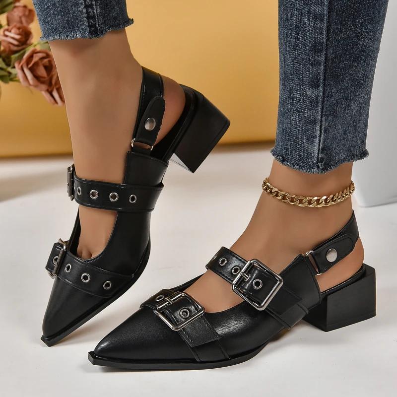 Fashion Women's High Heels, Women's Punk Pointed Thick Heels, Shallow Buckle Sandals, Women's Fashionable Retro Suspender Party Shoes