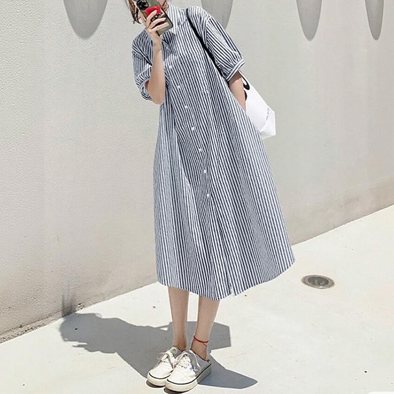 ZANZEA Women Casual Turn Down Collar Summer Short Sleeve Stripe Shirt Dress