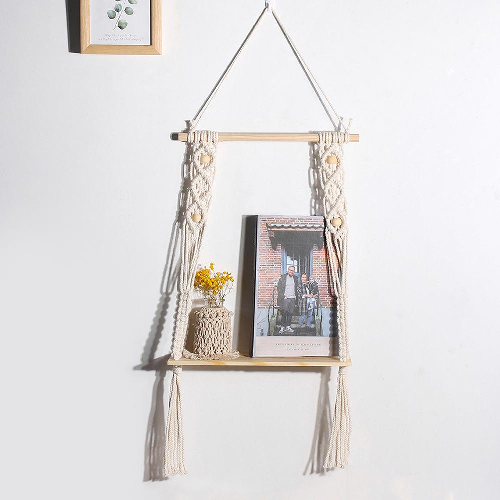 Handwoven Cotton Rope Wall Hanging - Bohemian Plant Shelf with Wood Board, Natural Fiber Decor for Living Room & Bedroom