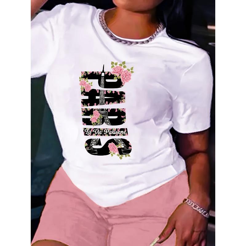 

European Size Women S Casual Short Sleeve T-Shirt - Eiffel Tower Graphic with Floral Design, White, Round Neck, Lightweight 4XL
